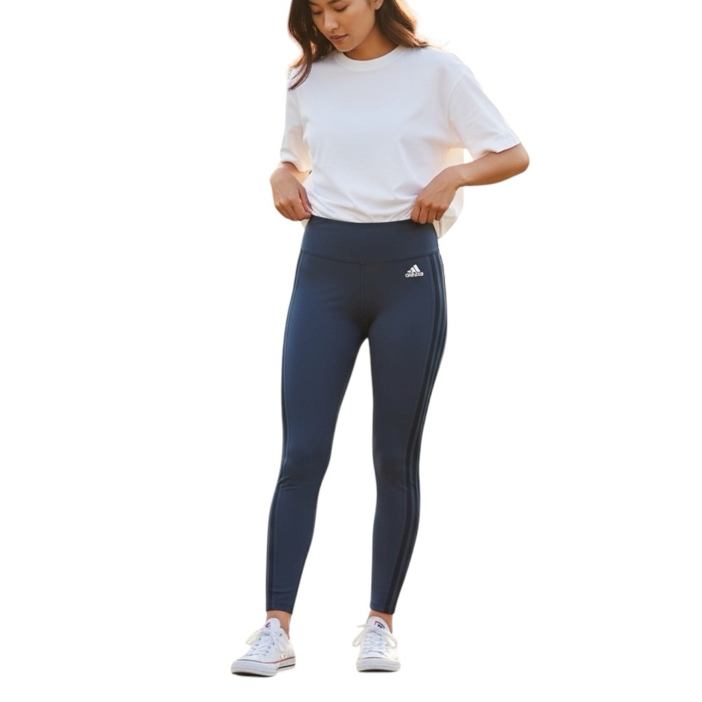 Adidas Full Length Leggings, High Rise, Thigh Pocket, 2 Stripe, Blue, Sz‎ Medium